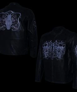 Xelement B95010 Men's'Bones' Black Armored Cruiser Motorcycle Jacket With Reflective Skulls Leather Motorcycle Jackets