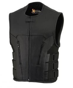 Xelement B95080 Men's ‘Creeper' Black Advanced Triple Strap Design Leather Motorcycle Vest