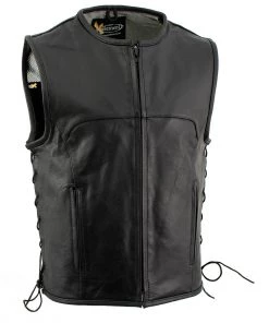 Motorcycle Vests Xelement B95140 Men's 'Drifter' Black Advanced Collarless Leather Motorcycle Vest
