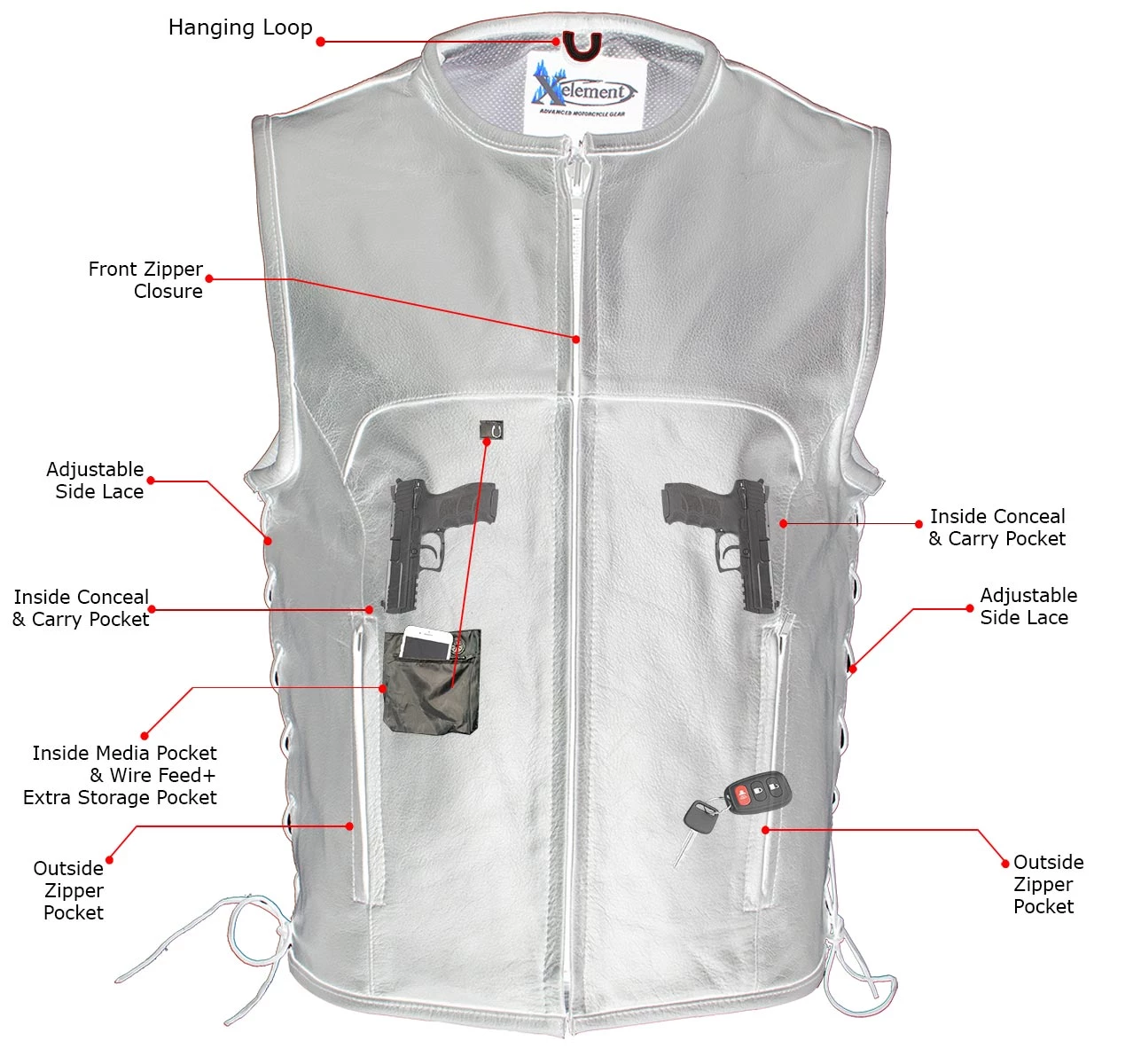 Motorcycle Vests Xelement B95140 Men's 'Drifter' Black Advanced Collarless Leather Motorcycle Vest