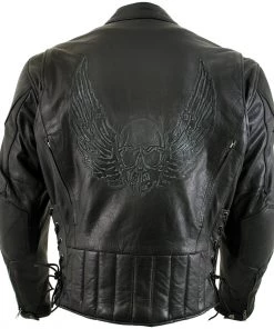 Leather Motorcycle Jackets Xelement B96333 Men's 'Flying Mayhem Skull' Black Leather Moto Jacket With X-Armor Protection
