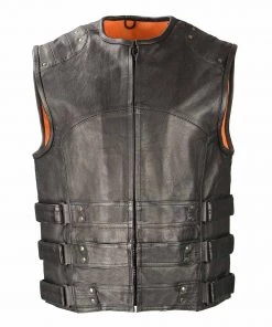 Biker Access BAM3530 Men's Black Leather ‘Swat Style’ Triple Strap Leather Vest Motorcycle Vests