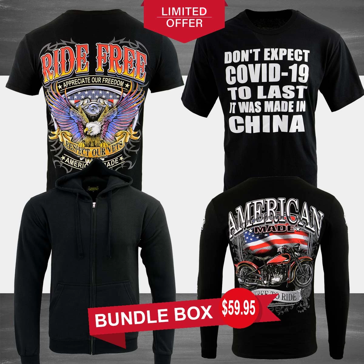 Motorcycle Hoodies Men’s Box-5 Biker Clothing Co. Short Sleeve, Long Sleeve And Hoodie Bundle Box