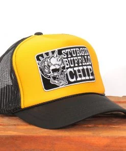 Hot Leathers Official Sturgis BFA2023 Buffalo Chip Spiked Skull Yellow And Black Trucker Hat Riding Gear