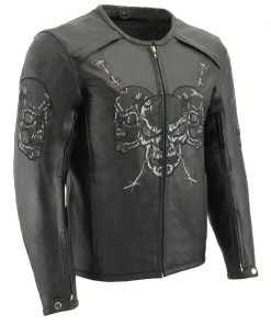 M-BOSS Motorcycle Apparel M Boss Motorcycle Apparel BOS11500 Men's Black Leather Armored Racing Jacket With Reflective Skull Design Leather Motorcycle Jackets