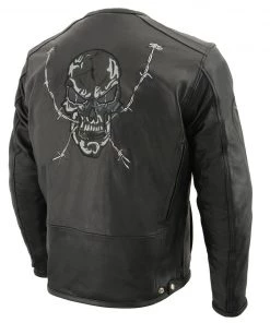 M-BOSS Motorcycle Apparel M Boss Motorcycle Apparel BOS11500 Men's Black Leather Armored Racing Jacket With Reflective Skull Design Leather Motorcycle Jackets