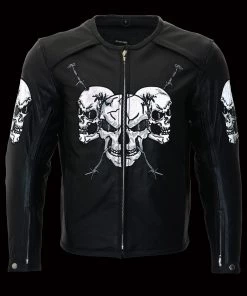M-BOSS Motorcycle Apparel M Boss Motorcycle Apparel BOS11500 Men's Black Leather Armored Racing Jacket With Reflective Skull Design Leather Motorcycle Jackets