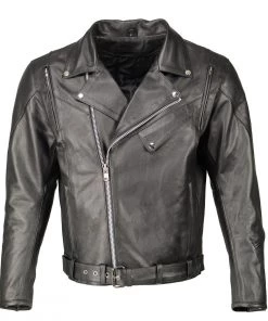 M-BOSS Motorcycle Apparel Leather Motorcycle Jackets M Boss Motorcycle Apparel BOS11505 Men's Black Armored Vented Leather Jacket With Side Set Belt