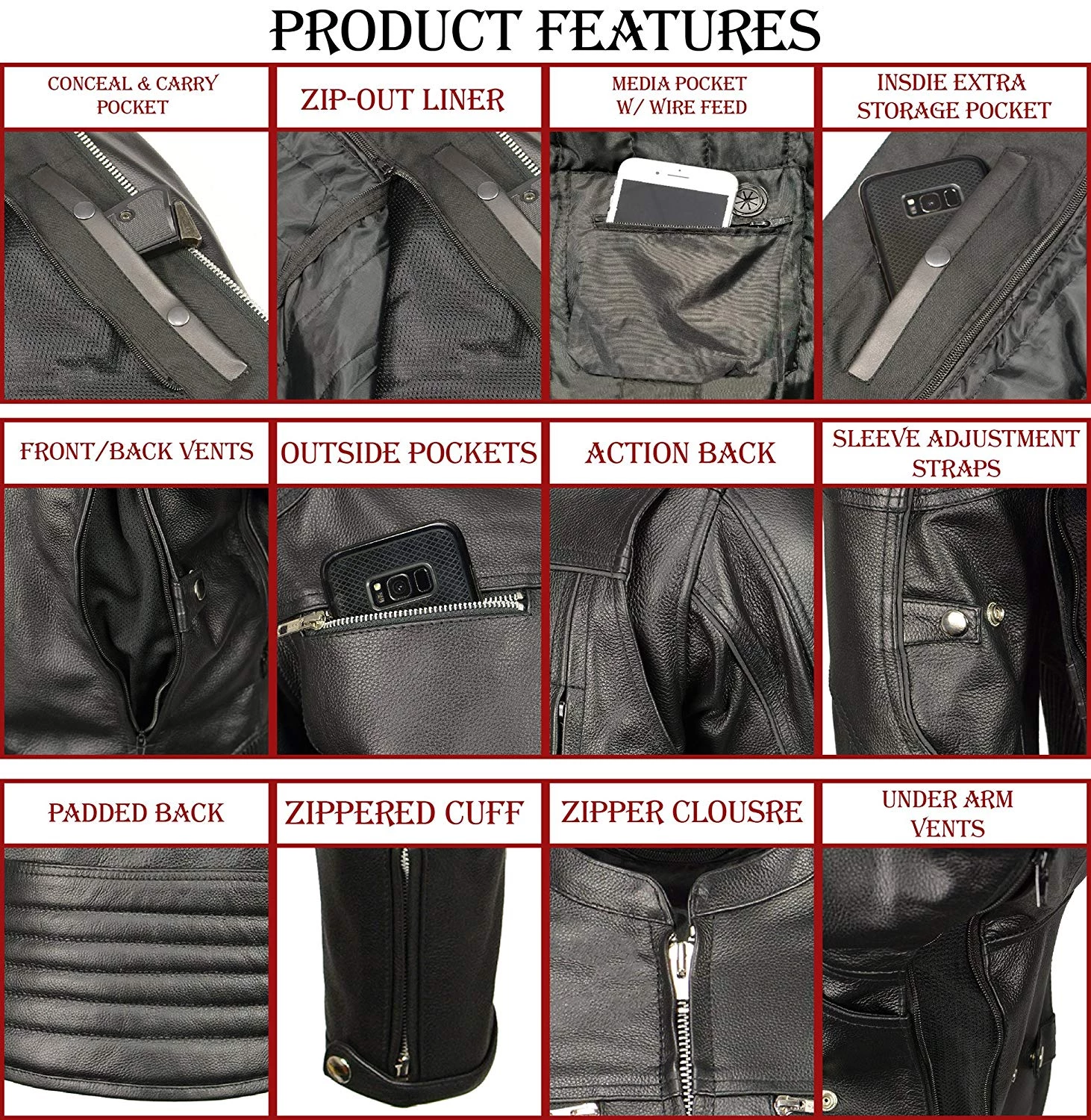 M-BOSS Motorcycle Apparel M Boss Apparel BOS11506 Men's Triple Vent Leather Jacket With Stretch Sides And Armor