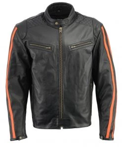 M-BOSS Motorcycle Apparel Leather Motorcycle Jackets M Boss Motorcycle Apparel BOS11508 Men's Black And Orange Armored Leather Jacket With Racing Stripes