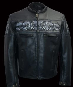 M-BOSS Motorcycle Apparel Leather Motorcycle Jackets M Boss Motorcycle Apparel BOS11514 Men’s Black Reflective Skull Premium Cowhide Leather Motorcycle Jacket