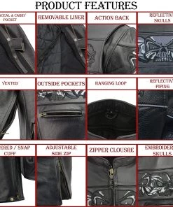 M-BOSS Motorcycle Apparel Leather Motorcycle Jackets M Boss Motorcycle Apparel BOS11514 Men’s Black Reflective Skull Premium Cowhide Leather Motorcycle Jacket