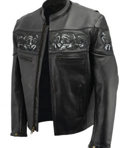 M-BOSS Motorcycle Apparel Leather Motorcycle Jackets M Boss Motorcycle Apparel BOS11514 Men’s Black Reflective Skull Premium Cowhide Leather Motorcycle Jacket