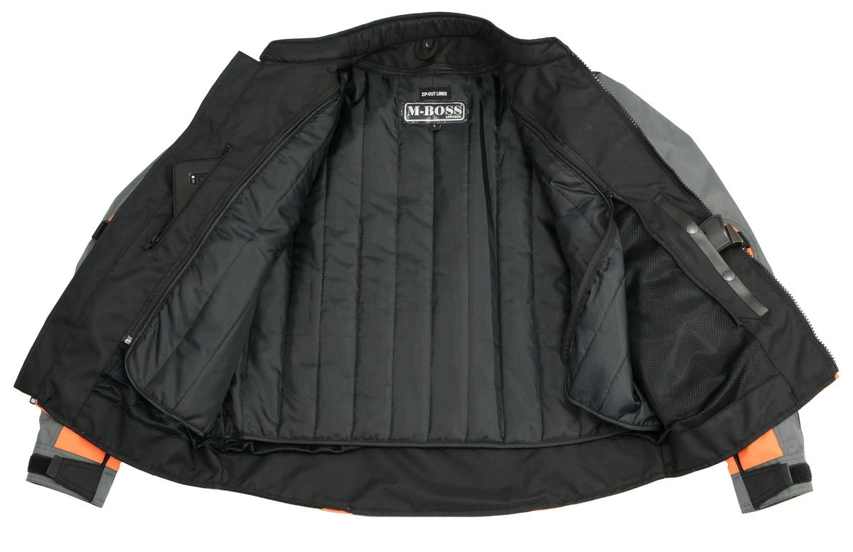 M-BOSS Motorcycle Apparel Motorcycle Jackets M Boss Motorcycle Apparel BOS11706 Men's Hi Vis Grey And Orange Racer Nylon Jacket