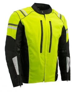 Motorcycle Jackets M-Boss Motorcycle Apparel BOS11707 Men's Armored High Visibility Green Textile And Mesh Racer Jacket