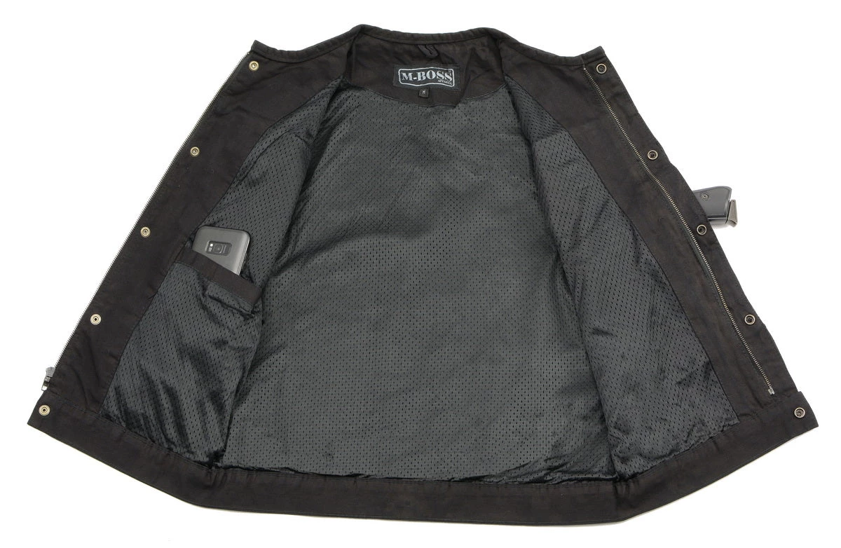 M-BOSS Motorcycle Apparel M Boss Motorcycle Apparel BOS13001 Men's Black Collarless Denim Club Style Vest With Hidden Zipper