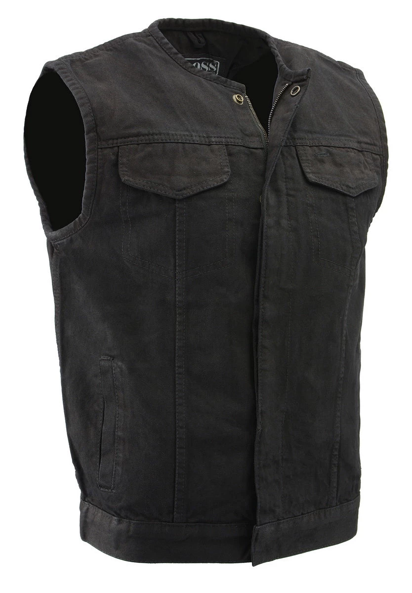 M-BOSS Motorcycle Apparel M Boss Motorcycle Apparel BOS13001 Men's Black Collarless Denim Club Style Vest With Hidden Zipper
