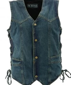 M-BOSS Motorcycle Apparel M Boss Motorcycle Apparel BOS13003 Men's Blue Denim Snap Front Side Lace Vest With Quick Draw Pocket