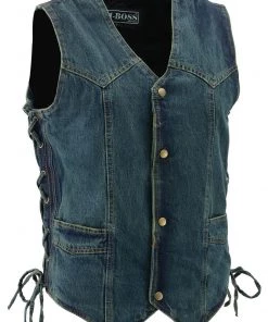M-BOSS Motorcycle Apparel M Boss Motorcycle Apparel BOS13003 Men's Blue Denim Snap Front Side Lace Vest With Quick Draw Pocket