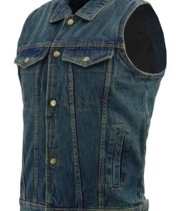 M-BOSS Motorcycle Apparel M Boss Motorcycle Apparel BOS13004 Men's Blue Denim Snap Front Vest With Shirt Collar Motorcycle Vests