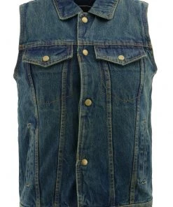 M-BOSS Motorcycle Apparel M Boss Motorcycle Apparel BOS13004 Men's Blue Denim Snap Front Vest With Shirt Collar Motorcycle Vests