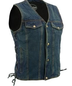 M-BOSS Motorcycle Apparel M Boss Motorcycle Apparel BOS13005 Men's Blue Side Lace Denim Vest With Denim Style Chest Pockets Motorcycle Vests