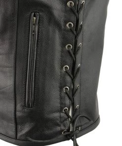 M-BOSS Motorcycle Apparel M Boss Motorcycle Apparel BOS13500 Men's Black Zipper Front Side Lace Leather Vest With Reflective Skulls