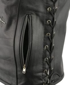 M-BOSS Motorcycle Apparel M Boss Motorcycle Apparel BOS13500 Men's Black Zipper Front Side Lace Leather Vest With Reflective Skulls
