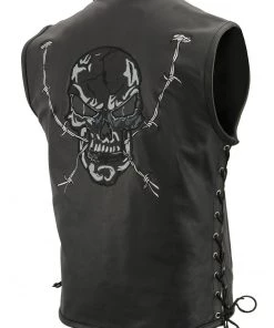 M-BOSS Motorcycle Apparel M Boss Motorcycle Apparel BOS13500 Men's Black Zipper Front Side Lace Leather Vest With Reflective Skulls