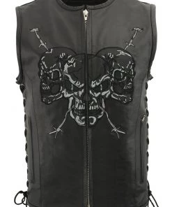 M-BOSS Motorcycle Apparel M Boss Motorcycle Apparel BOS13500 Men's Black Zipper Front Side Lace Leather Vest With Reflective Skulls