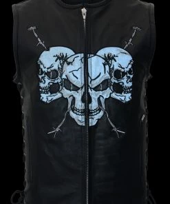 M-BOSS Motorcycle Apparel M Boss Motorcycle Apparel BOS13500 Men's Black Zipper Front Side Lace Leather Vest With Reflective Skulls