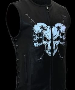 M-BOSS Motorcycle Apparel M Boss Motorcycle Apparel BOS13500 Men's Black Zipper Front Side Lace Leather Vest With Reflective Skulls