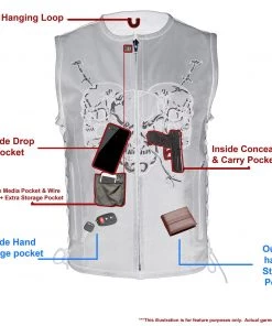 M-BOSS Motorcycle Apparel M Boss Motorcycle Apparel BOS13500 Men's Black Zipper Front Side Lace Leather Vest With Reflective Skulls