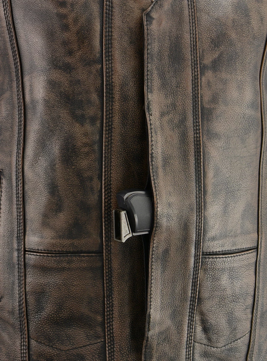 M-BOSS Motorcycle Apparel M Boss Motorcycle Apparel BOS13501 Men's Leather Distressed Black And Beige 10 Pocket Vest With Quick Draw Pocket