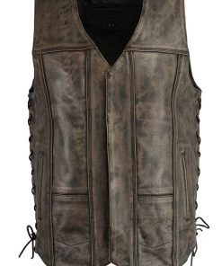 M-BOSS Motorcycle Apparel M Boss Motorcycle Apparel BOS13501 Men's Leather Distressed Black And Beige 10 Pocket Vest With Quick Draw Pocket