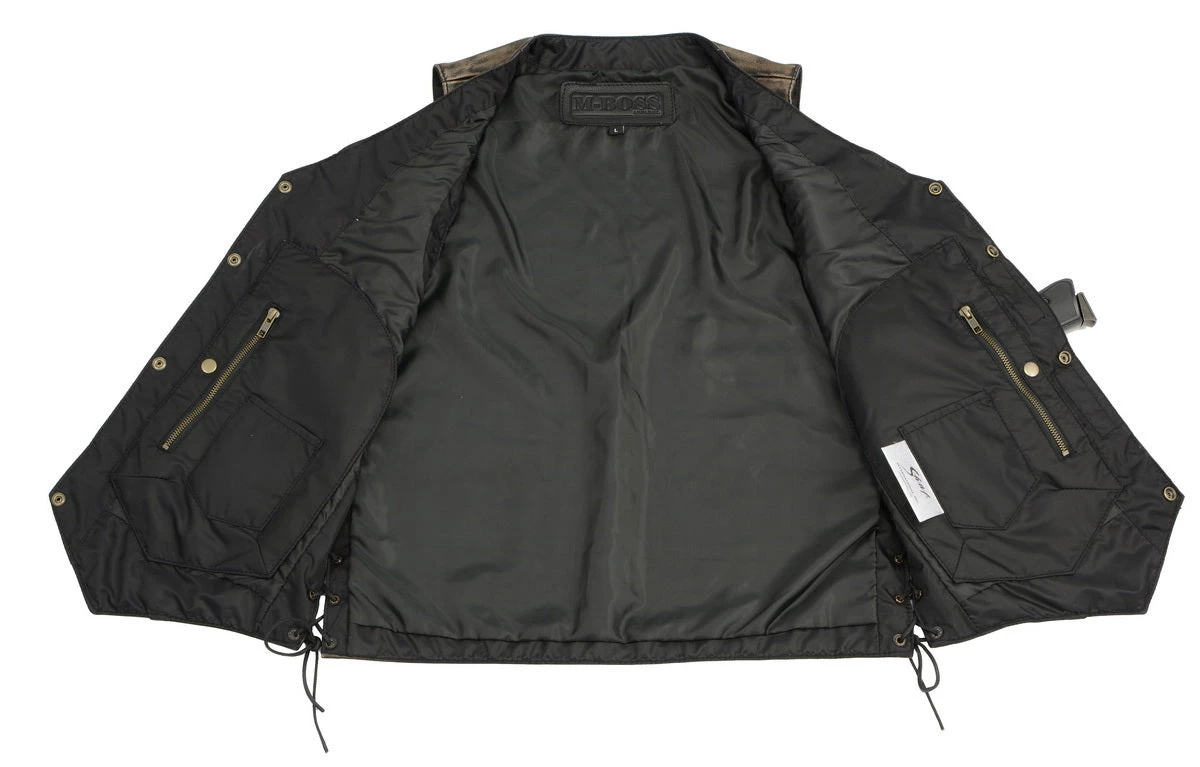 M-BOSS Motorcycle Apparel M Boss Motorcycle Apparel BOS13501 Men's Leather Distressed Grey 10 Pocket Vest With Quick Draw Pocket
