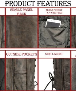 M-BOSS Motorcycle Apparel M Boss Motorcycle Apparel BOS13501 Men's Leather Distressed Grey 10 Pocket Vest With Quick Draw Pocket