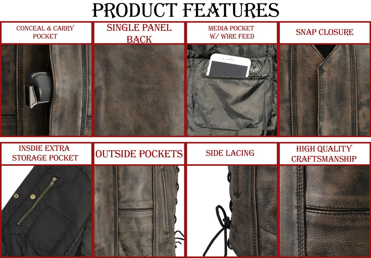 M-BOSS Motorcycle Apparel M Boss Motorcycle Apparel BOS13501 Men's Leather Distressed Grey 10 Pocket Vest With Quick Draw Pocket