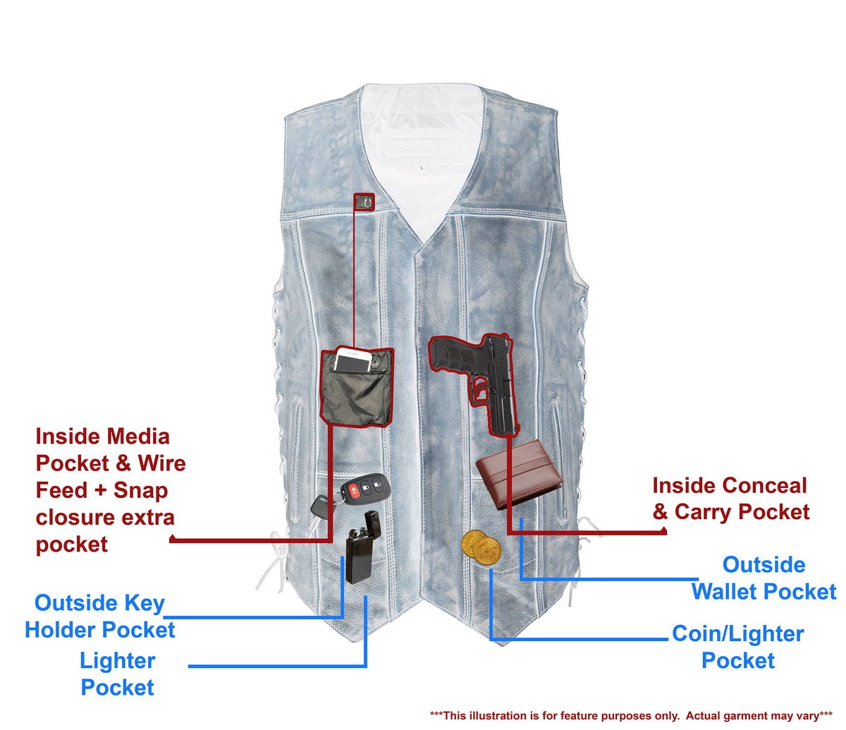 M-BOSS Motorcycle Apparel M Boss Motorcycle Apparel BOS13501 Men's Leather Distressed Grey 10 Pocket Vest With Quick Draw Pocket