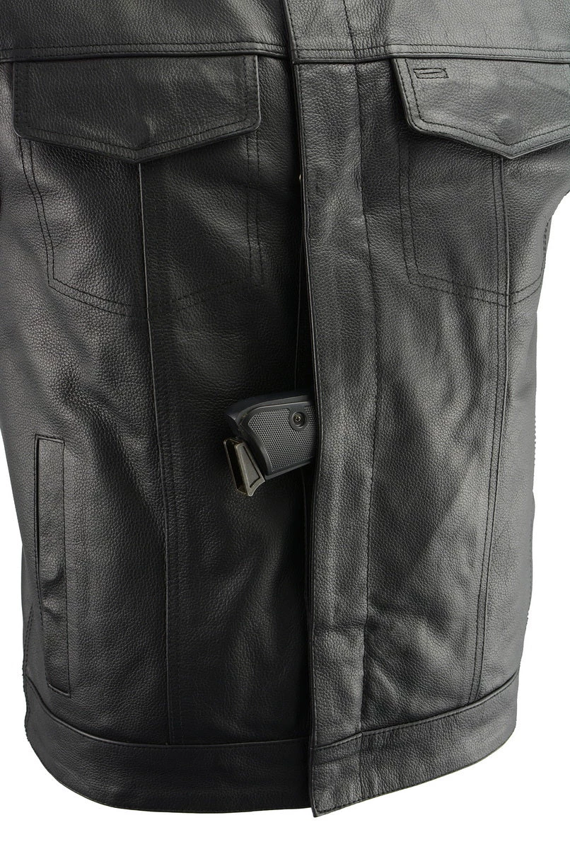 M-BOSS Motorcycle Apparel M Boss Motorcycle Apparel BOS13505 Men's Leather Club Style Vest With Quick Draw Pocket And Removable Hoodie
