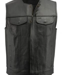 M-BOSS Motorcycle Apparel Motorcycle Vests M Boss Motorcycle Apparel BOS13511 Men’s Black Collarless SOA Style Dual Snap And Zip Front Leather Motorcycle Vest
