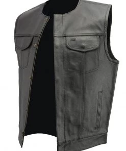 M-BOSS Motorcycle Apparel Motorcycle Vests M Boss Motorcycle Apparel BOS13511 Men’s Black Collarless SOA Style Dual Snap And Zip Front Leather Motorcycle Vest