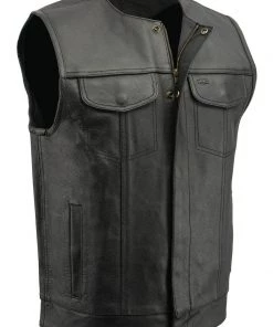 M-BOSS Motorcycle Apparel Motorcycle Vests M Boss Motorcycle Apparel BOS13511 Men’s Black Collarless SOA Style Dual Snap And Zip Front Leather Motorcycle Vest
