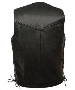 Motorcycle Vests M-Boss Motorcycle Apparel BOS13512 Men’s Braided Biker Leather Vest With Side Laces