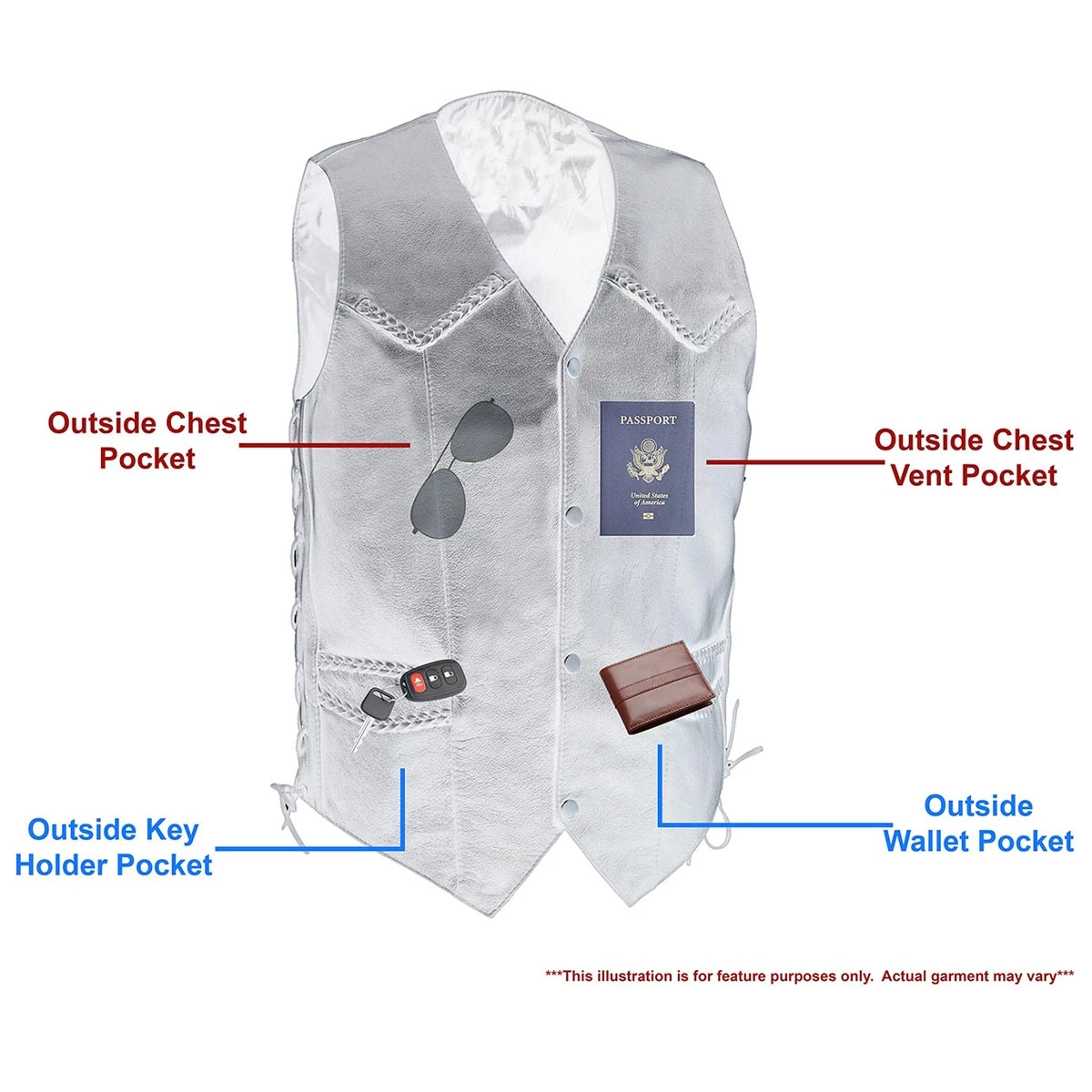 Motorcycle Vests M-Boss Motorcycle Apparel BOS13512 Men’s Braided Biker Leather Vest With Side Laces