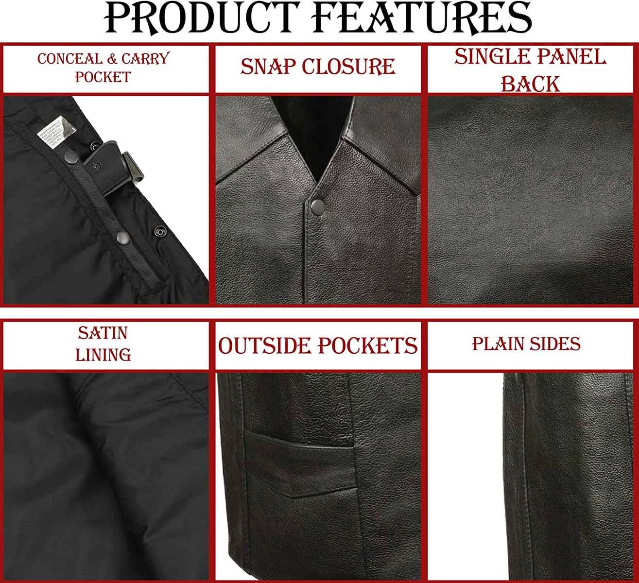 Motorcycle Vests M-Boss Motorcycle Apparel BOS13514T Men’s Black ‘Tall Size’ Classic Conceal And Carry Biker Leather Vest