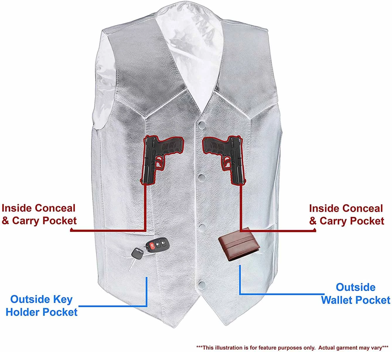 Motorcycle Vests M-Boss Motorcycle Apparel BOS13514T Men’s Black ‘Tall Size’ Classic Conceal And Carry Biker Leather Vest