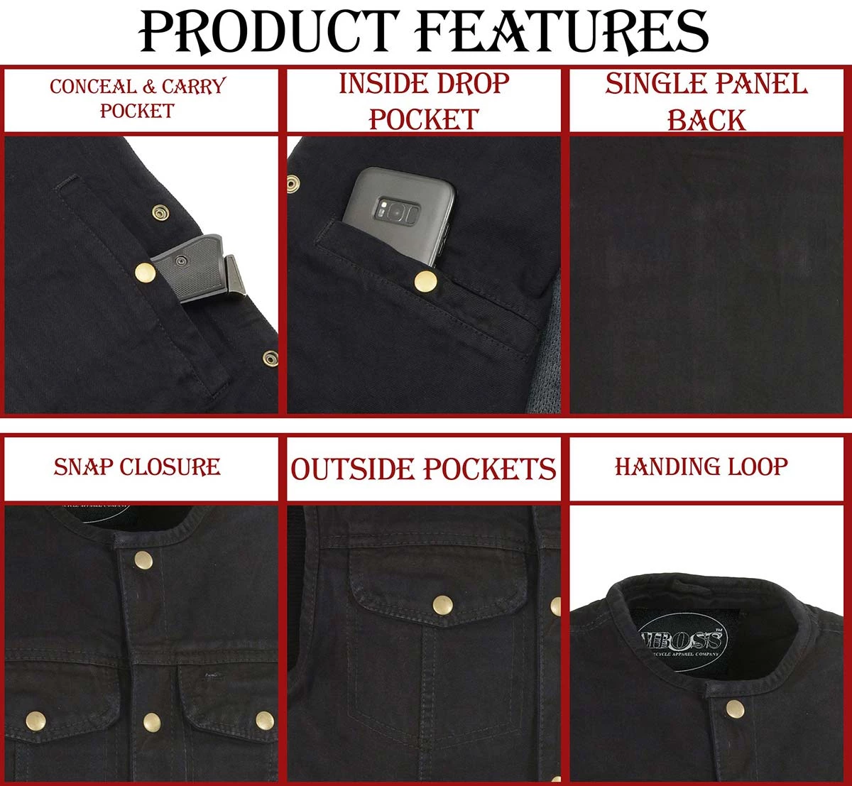 M-BOSS Motorcycle Apparel Motorcycle Vests M-Boss Apparel BOS13521 Men's Black Snap Front Denim Club Style Vest With Conceal And Carry Pocket