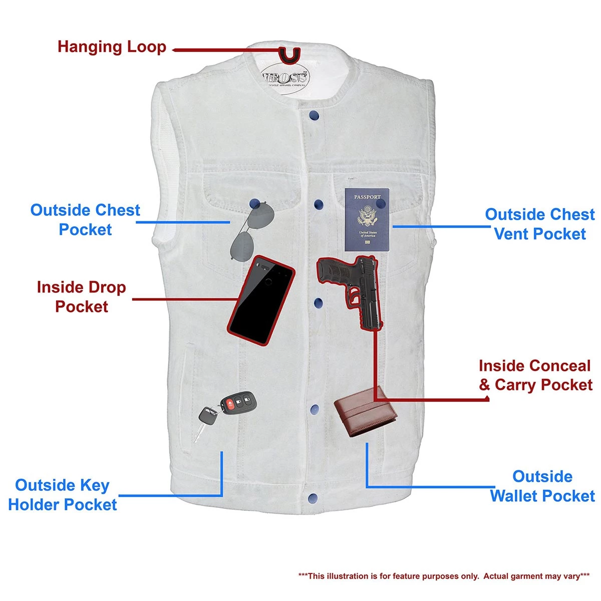 M-BOSS Motorcycle Apparel Motorcycle Vests M-Boss Apparel BOS13521 Men's Black Snap Front Denim Club Style Vest With Conceal And Carry Pocket