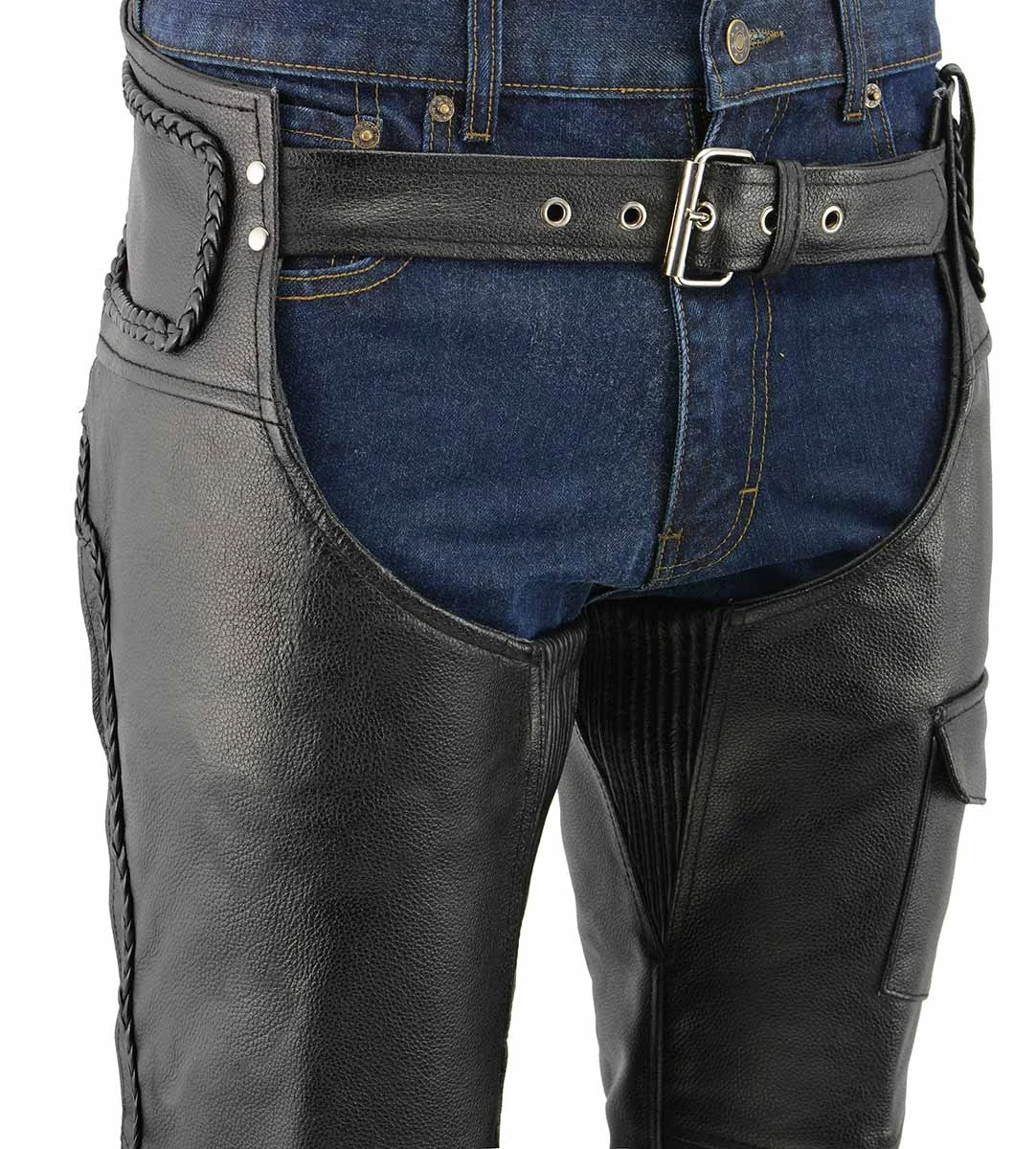 M-Boss Motorcycle Apparel BOS15505 Men’s Black Leather Mesh Lined And Braided Zip-Out Insulated Chaps Motorcycle Pants & Chaps